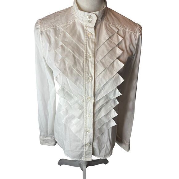 Oscar de la Renta White Cotton Long Sleeve Button Ruffled Shirt Small Size S - Picture 4 of 5